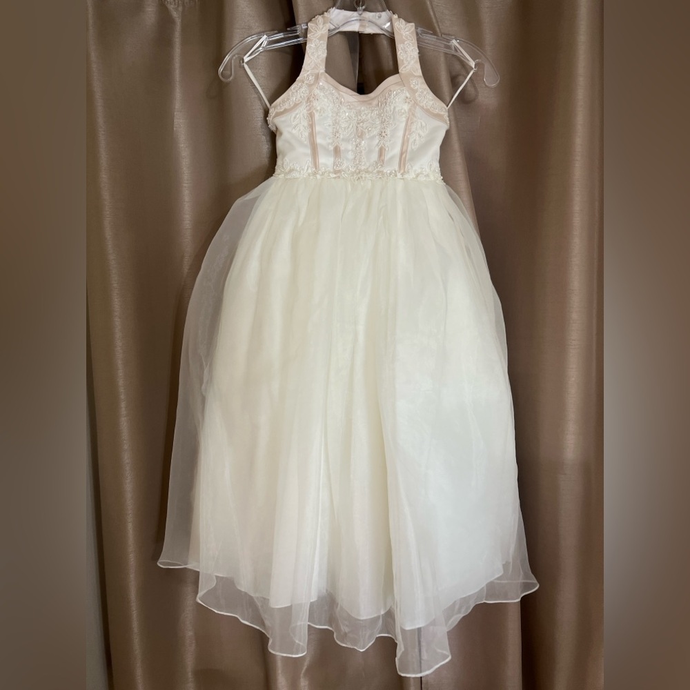 David’s Bridal Style H229E ivory / rum flower girl dress.